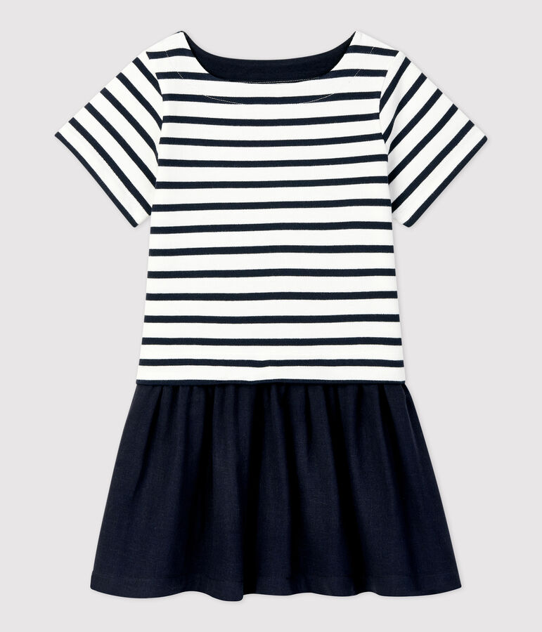 Girls' Organic Cotton Jersey and Gauze Dress MARSHMALLOW white/SMOKING blue