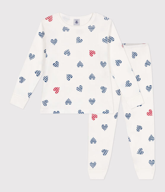 Children's long-sleeved heart print cotton pyjamas MARSHMALLOW white/MULTICO white