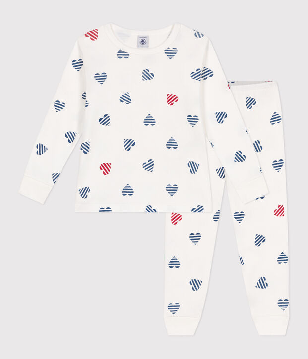 Children's long-sleeved heart print cotton pyjamas white/multicolor