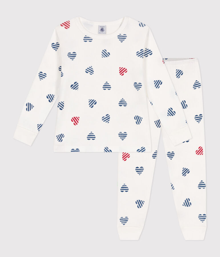 Children's long-sleeved heart print cotton pyjamas MARSHMALLOW white/MULTICO white