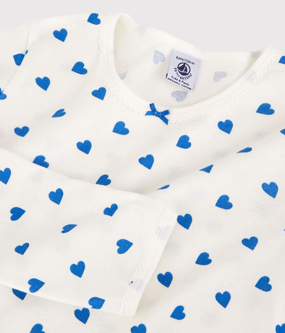 Girls' Blue Heart Patterned Cotton Pyjamas MARSHMALLOW white/BRASIER blue