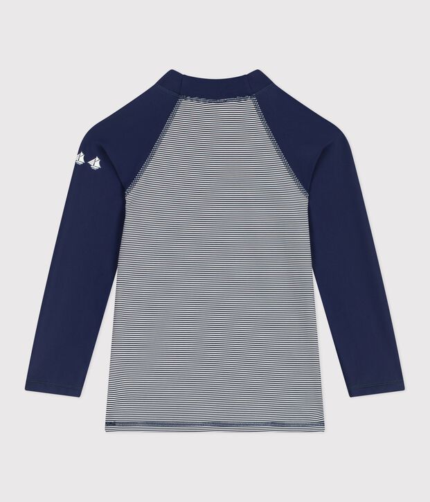 Children's UV-protective long-sleeved stripy swim T-shirt blue/white