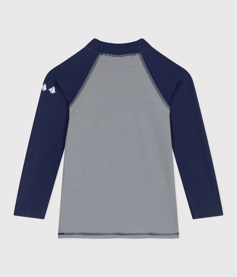 Children's UV-protective long-sleeved stripy swim T-shirt MEDIEVAL blue/MARSHMALLOW white