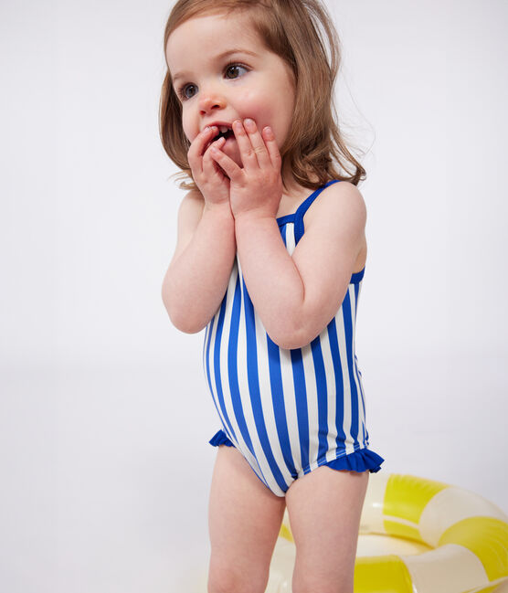 Babies' one-piece swimsuit with frills and a stripy print. SURF blue/MARSHMALLOW white