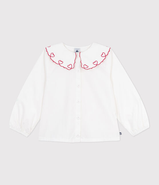 Children's long-sleeved plain cotton poplin blouse ECUME white