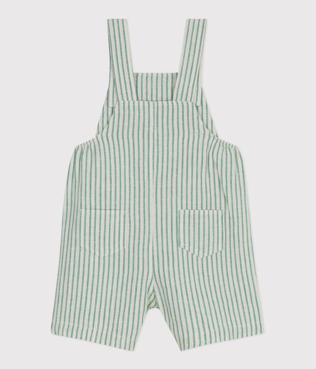 Babies' short-legged stripy cotton/linen dungarees green/green