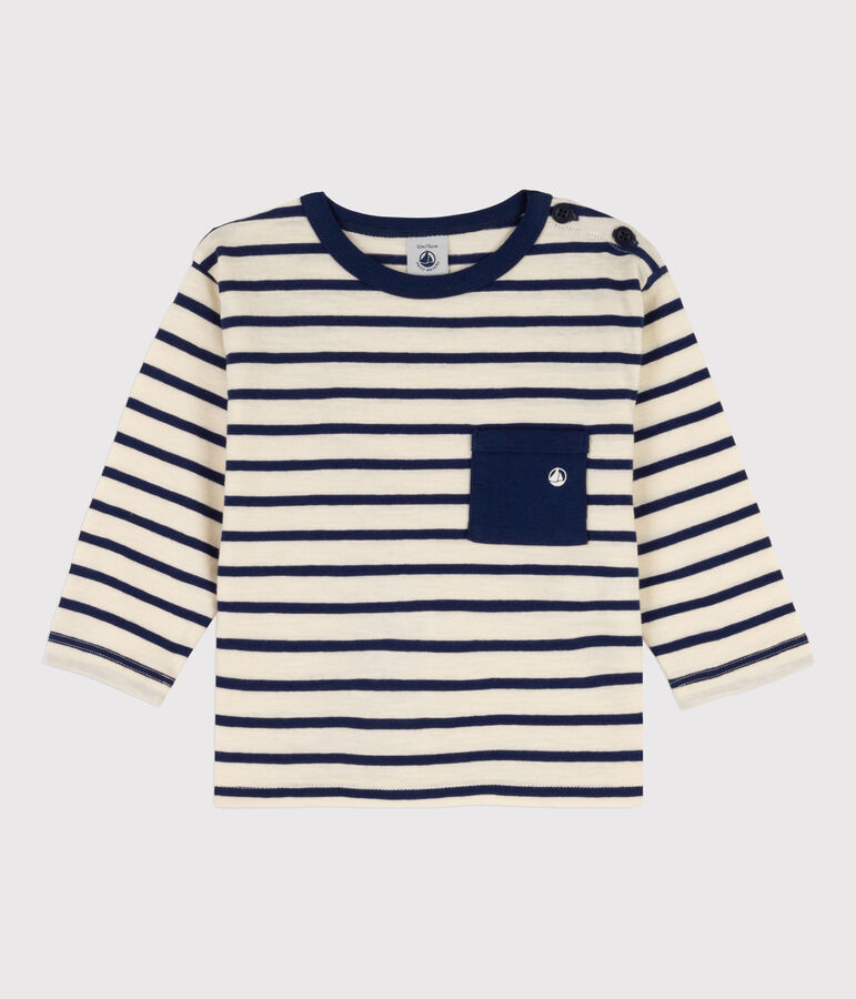 Babies' Long-Sleeved Cotton T-shirt Ecru/blue