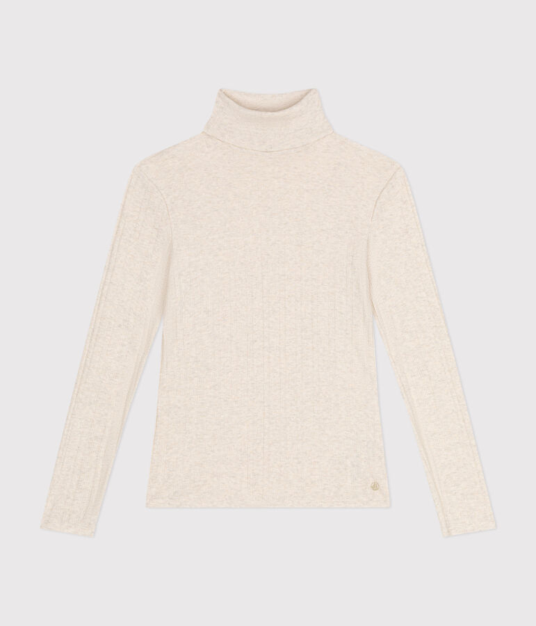 Women's iconic roll neck T-shirt in decorative rib knit beige