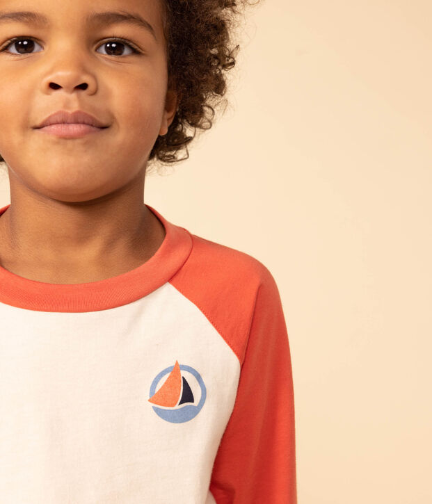 Boys' long-sleeved cotton T-shirt Ecru/orange