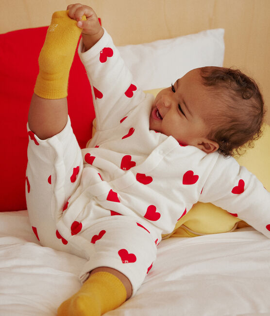 Babies' Long Quilted Cotton Jumpsuit MARSHMALLOW white/TERKUIT red