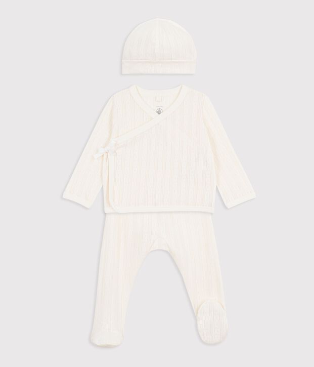 Babies' long 3-piece openwork cotton outfit and hat MILK