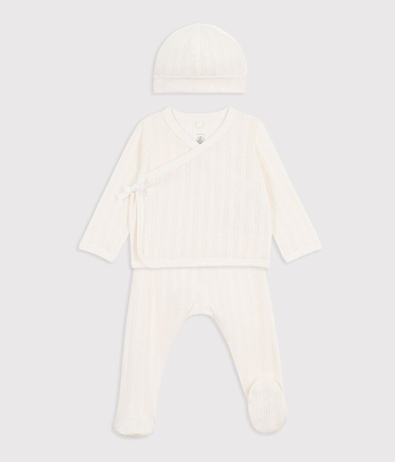 Babies' long 3-piece openwork cotton outfit and hat Ecru