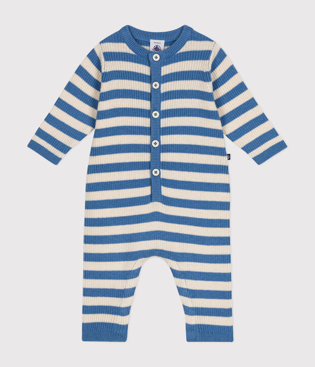 Babies' stripy wool and cotton knit jumpsuit blue/ecru