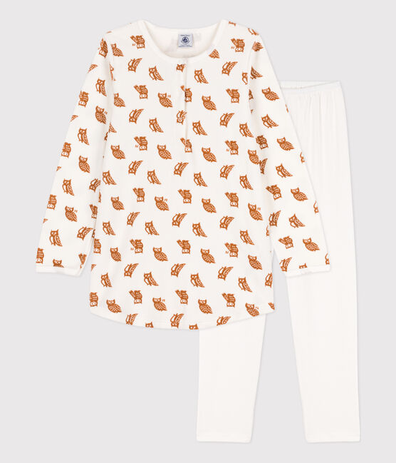 Girls' Owl Themed Velour and Cotton Nightdress with Leggings MARSHMALLOW white/ECUREUIL