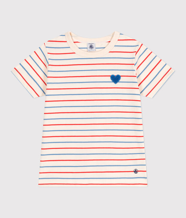 Children's short-sleeved cotton T-shirt with stripes and a heart Ecru/multicolor