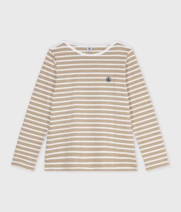 Women's long-sleeved cotton Breton top beige/white