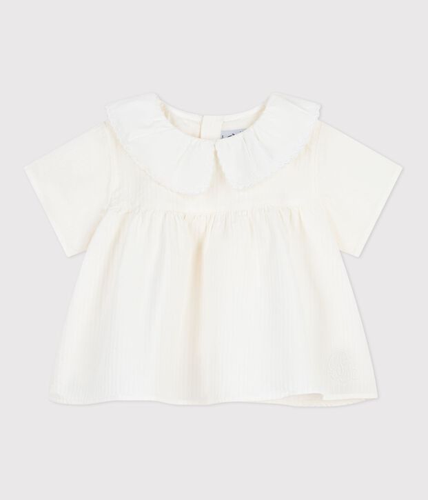 Babies' short-sleeved blouse in plain cotton poplin. white