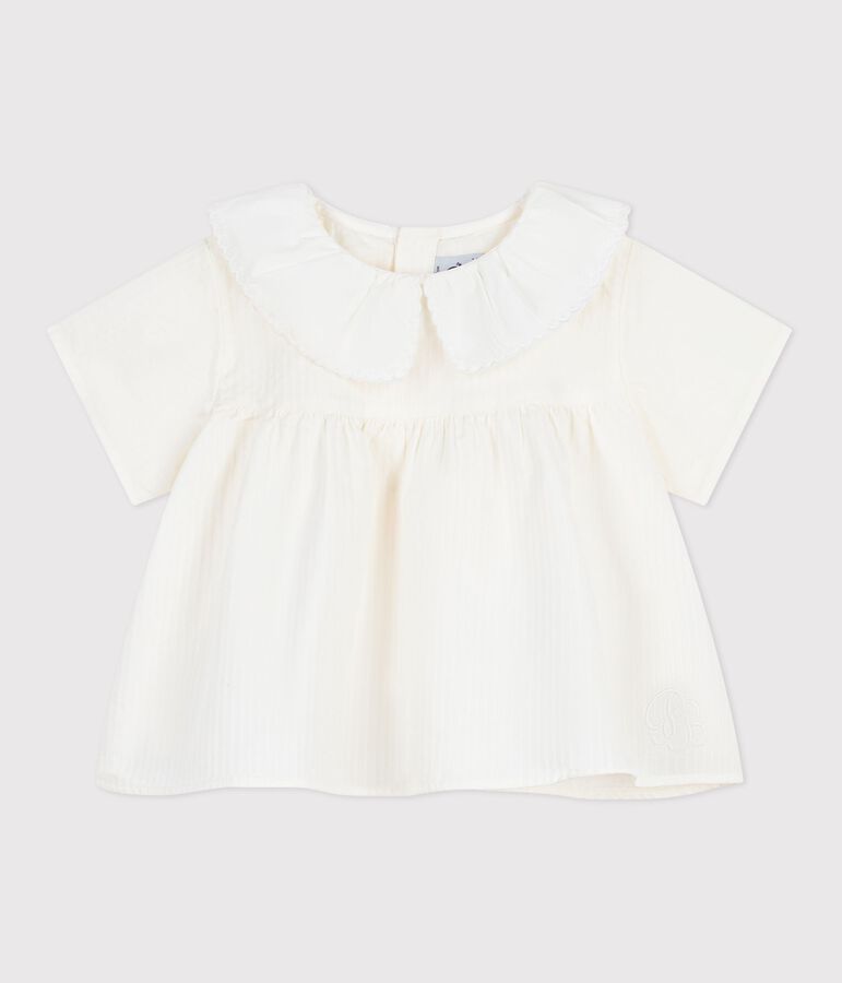Babies' short-sleeved blouse in plain cotton poplin. MARSHMALLOW white