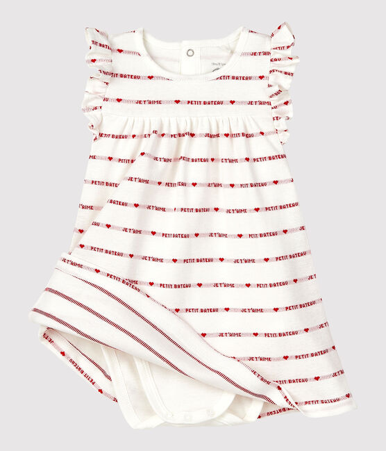 Babies' Organic Cotton Jacquard Dress With Bodysuit MARSHMALLOW white/TERKUIT red