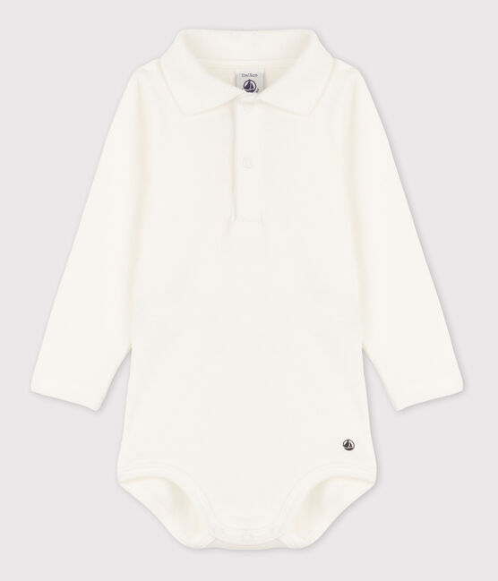Babies' Long-Sleeved Cotton Bodysuit With Polo Shirt Collar MARSHMALLOW white