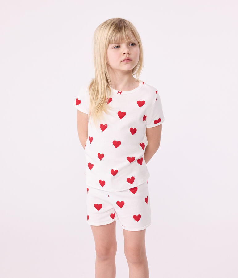 Girls' Heart Patterned Cotton Short Pyjamas MARSHMALLOW white/TERKUIT red