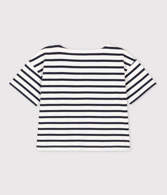 Girls' Stripy Short-Sleeved Cotton T-Shirt MARSHMALLOW white/SMOKING blue