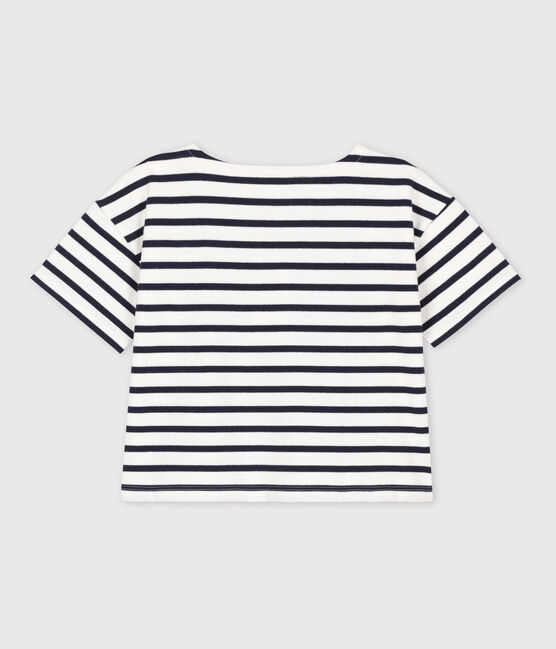 Girls' Stripy Short-Sleeved Cotton T-Shirt MARSHMALLOW white/SMOKING blue