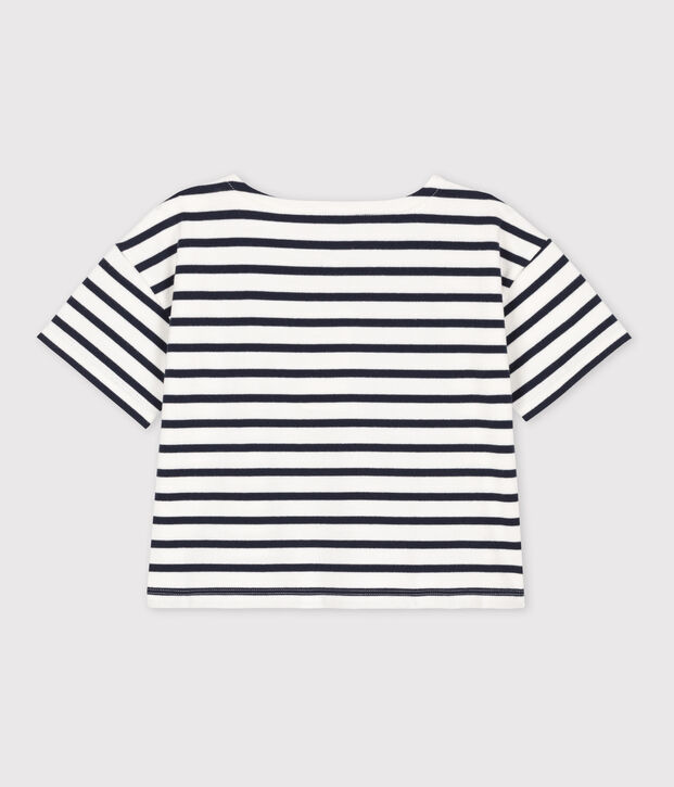Girls' Stripy Short-Sleeved Cotton T-Shirt white/blue