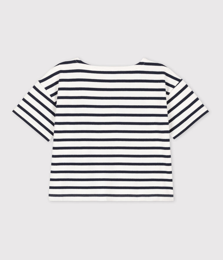 Girls' Stripy Short-Sleeved Cotton T-Shirt white/blue