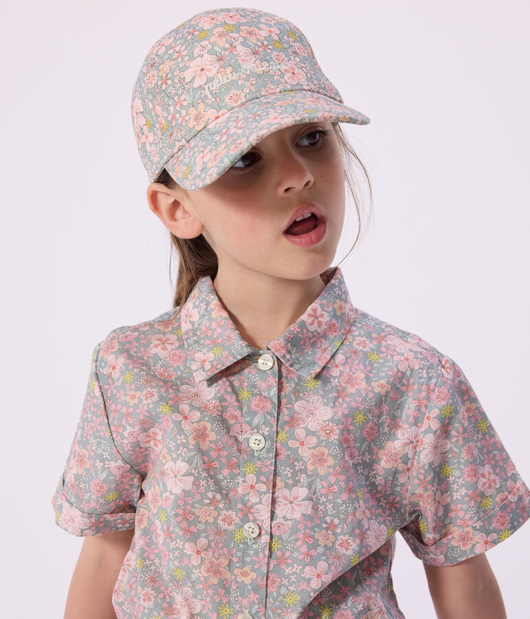 Children's cap in twill printed with flowers blue/multicolor