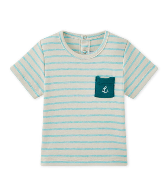 Baby boy's striped short-sleeved T-shirt FETA white/ADVENTURE green
