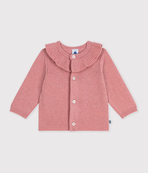 Babies' plain wool and cotton knit cardigan with a collar pink