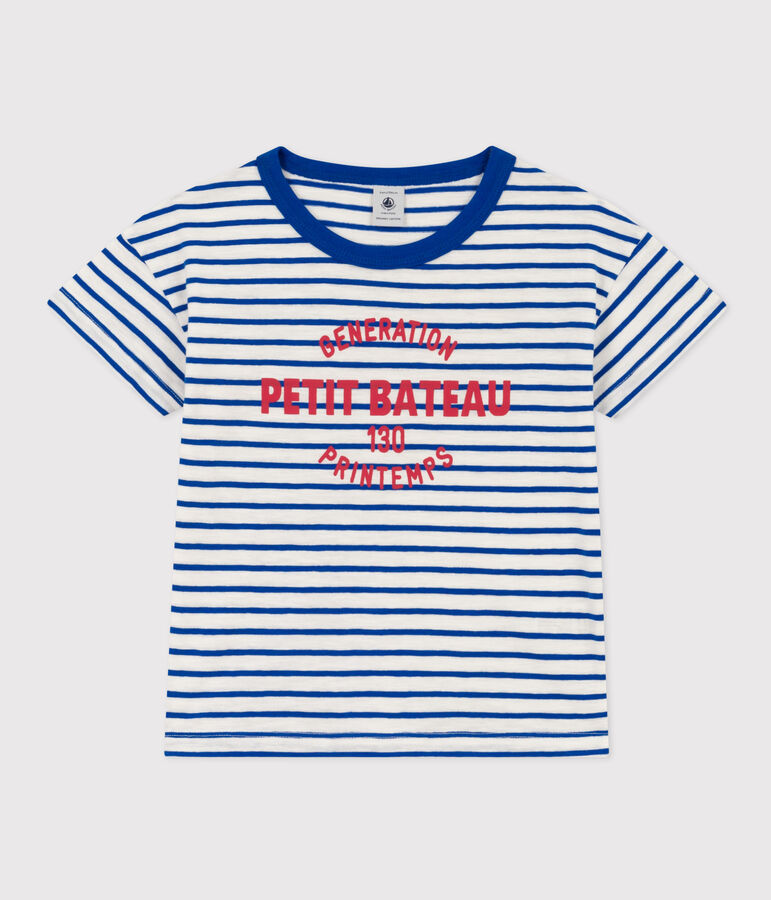 Children's Stripy Unisex Cotton T-Shirt MARSHMALLOW white/PERSE blue