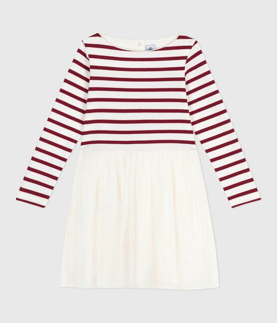 Children's long-sleeved dress in cotton and tulle MILK red/AMARANTE