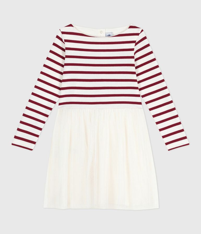 Children's long-sleeved dress in cotton and tulle Ecru/red