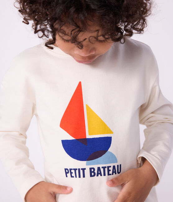 Children's long-sleeved printed cotton T-shirt MILK Ecru
