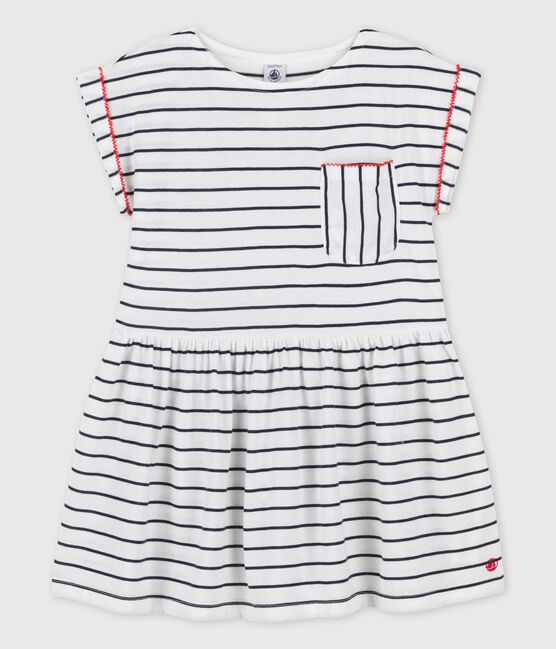 Girls' Short-Sleeved Cotton Dress MARSHMALLOW white/SMOKING blue