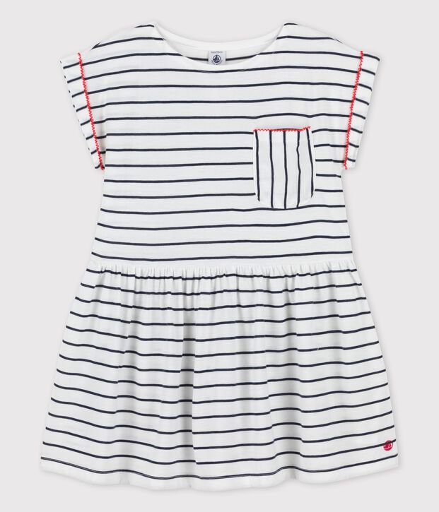 Girls' Short-Sleeved Cotton Dress white/blue