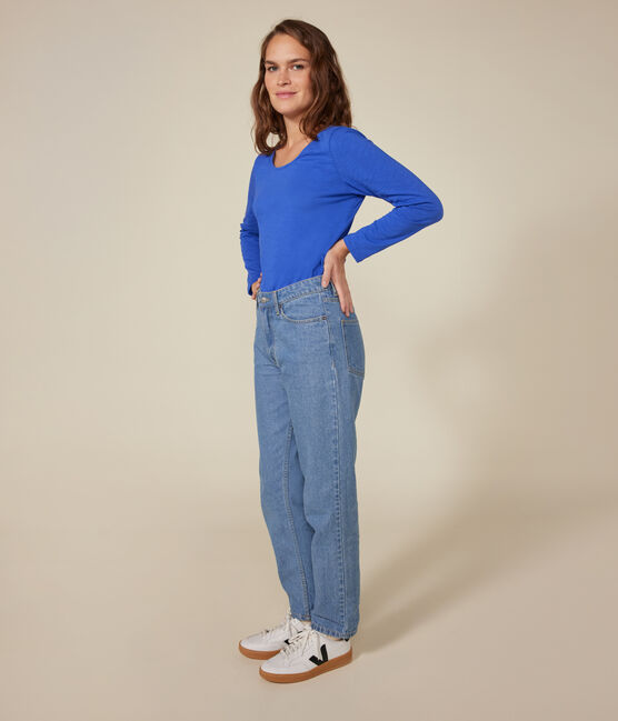 Women's Straight long-sleeved scoop neck T-shirt in slub jersey CALVIN blue