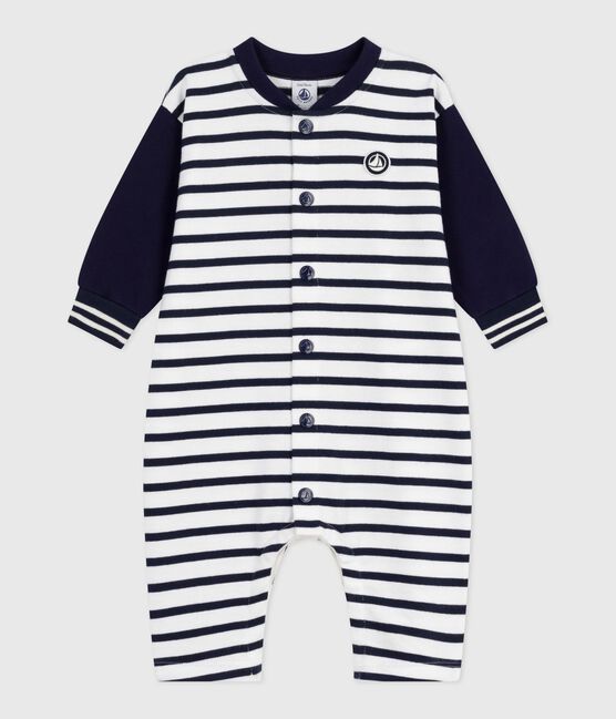 Babies long Breton stripe-printed cotton playsuit MARSHMALLOW white/SMOKING blue