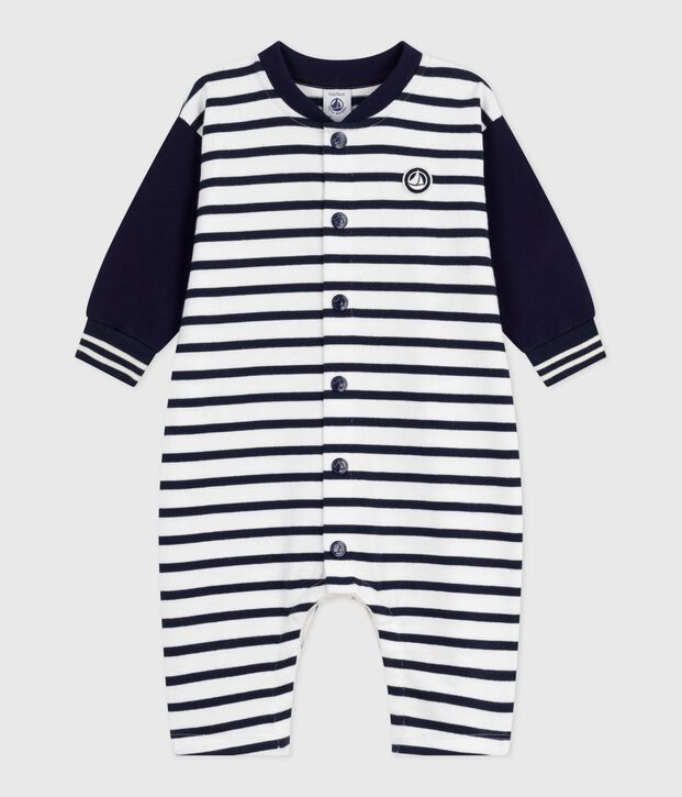 Babies long Breton stripe-printed cotton playsuit white/blue