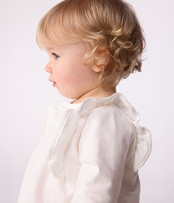 Babies' long-sleeved plain cotton blouse MARSHMALLOW white