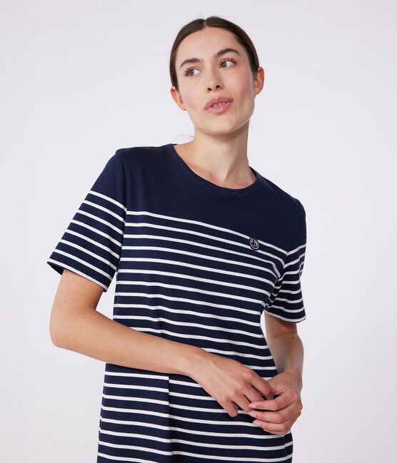 Women's long striped cotton dress SMOKING blue/MARSHMALLOW white