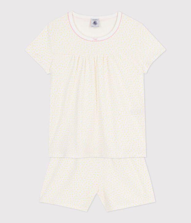 Children's cotton pyjamas with shorts with a gathered waist and polka dot print yellow/white