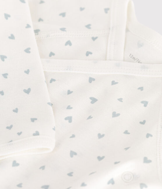 Babies' long-sleeved wrapover cotton bodysuit MARSHMALLOW blue/GOMME white