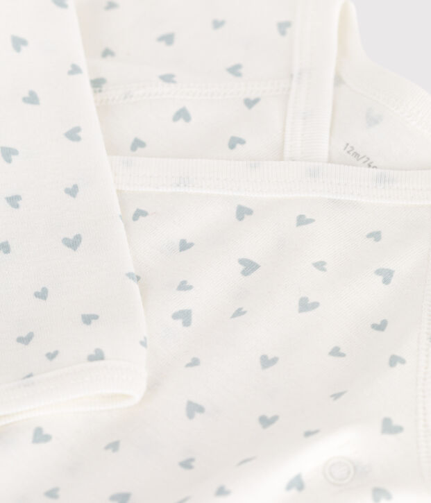 Babies' long-sleeved wrapover cotton bodysuit white/blue