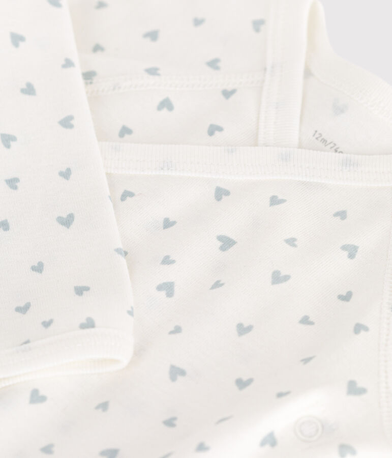 Babies' long-sleeved wrapover cotton bodysuit white/blue