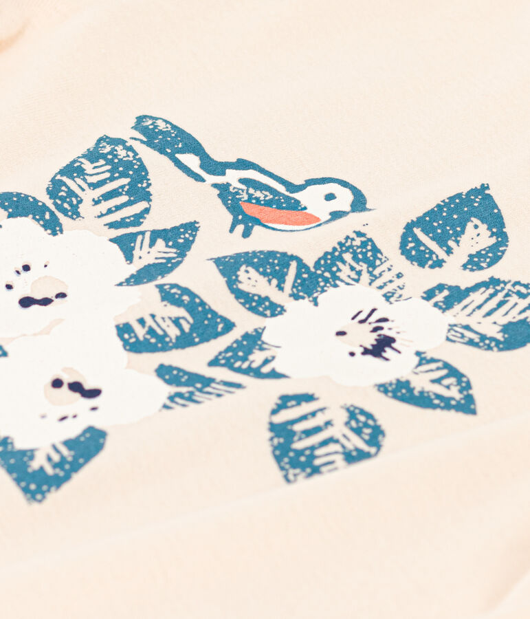 Girls' long-sleeved cotton T-shirt Ecru/blue