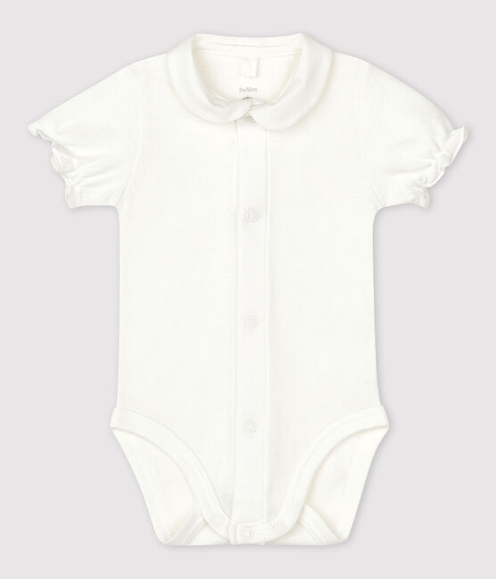 Babies' Short-Sleeved Organic Cotton Bodysuit with Collar MARSHMALLOW white
