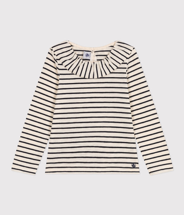 Girls' Long-sleeved Slub Jersey T-shirt Ecru/blue